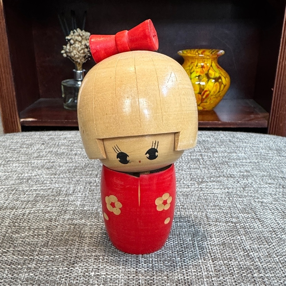Stanley Red and Natural Wooden Kokeshi Doll